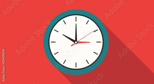 Vector art of a vintagestyle clock with a teal frame shows the time against a red background with a shadow