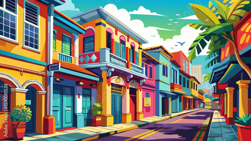 George Town, Penang, Malaysia – Colonial buildings with colorful murals line narrow streets. This multicultural city is a vivid blend of history and street art, perfect for lively vector scenes.