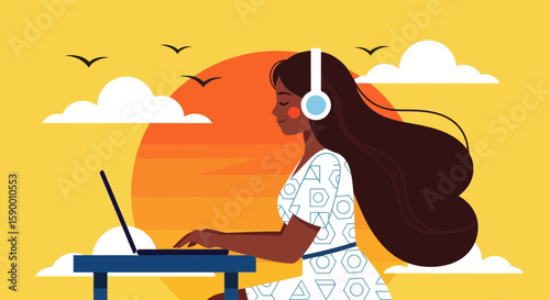 Vector art of a woman wearing headphones works on her laptop during a vibrant sunset with clouds and birds in the sky