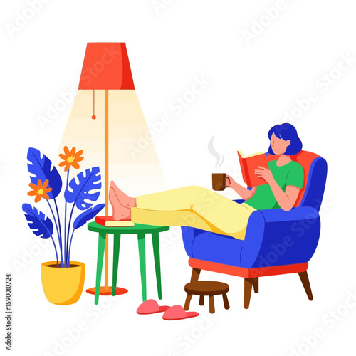 Vector art of a woman relaxes in a comfortable armchair, reading a book and holding a steaming mug of coffee