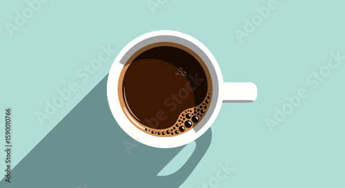 Vector art of a topdown view of a white coffee cup filled with dark coffee and foam, casting a long shadow