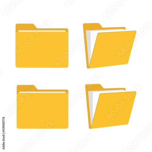 Vector art of a collection of four yellow folders, some open and some closed, representing document organization