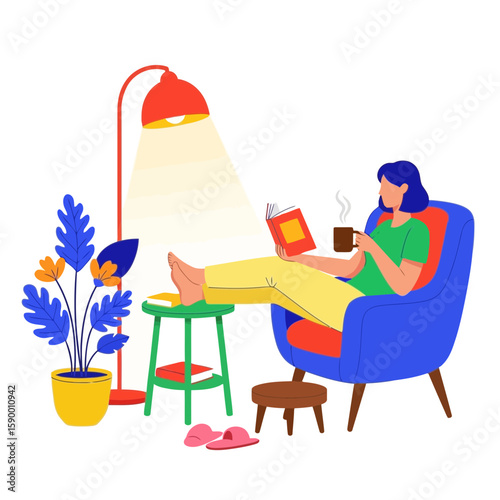 Vector art of a woman relaxes in a blue armchair, reading a book and holding a mug, with a floor lamp and plants in a cozy living room