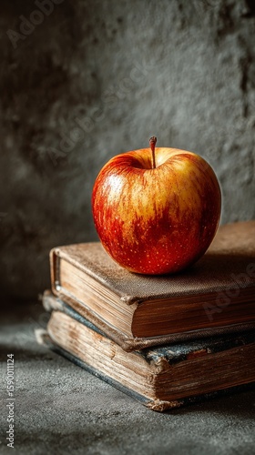 Red Apple Resting on Vintage Books Against a Textured Background in a Cozy In...