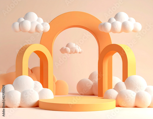 Pastel orange archways and platform nestled amongst fluffy clouds, creating a dreamy, whimsical scene.