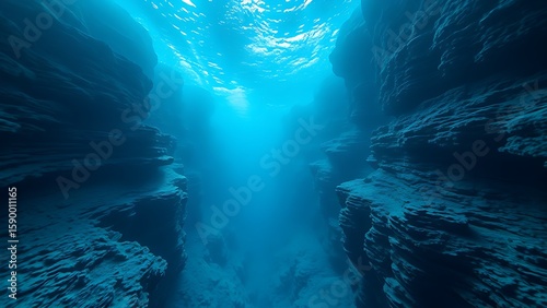 Underwater canyon with cascading blue layers creating a liquid avalanche visible through sonar-like ripples.