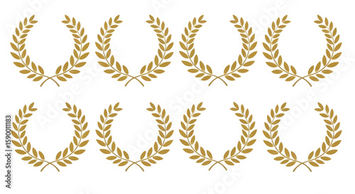 Vector art of eight golden laurel wreaths arranged in two rows on a white background