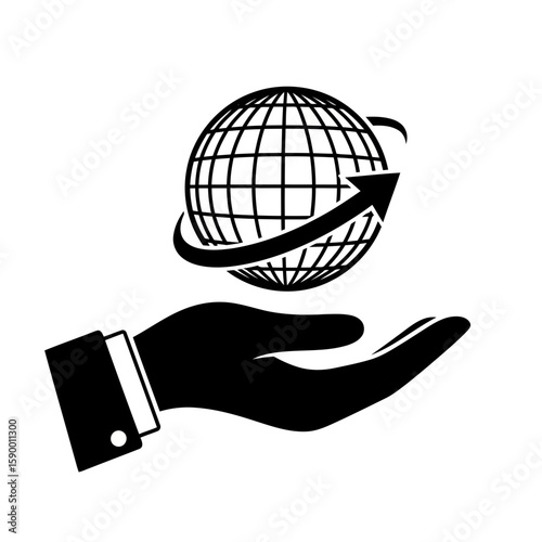 Vector art of a black hand holds a globe with an arrow orbiting around it, symbolizing global business and connectivity