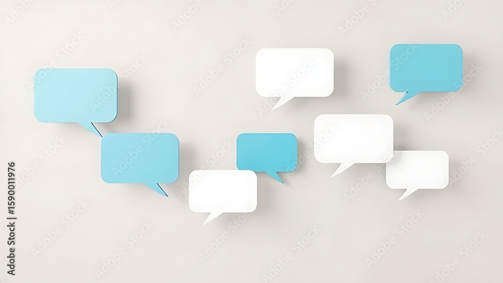 Fototapeta premium Floating speech bubble shapes on a neutral background, representing communication and feedback.