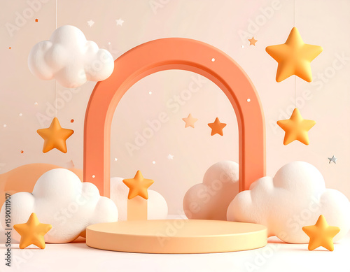 A whimsical, pastel-colored scene featuring a podium, clouds, and stars.