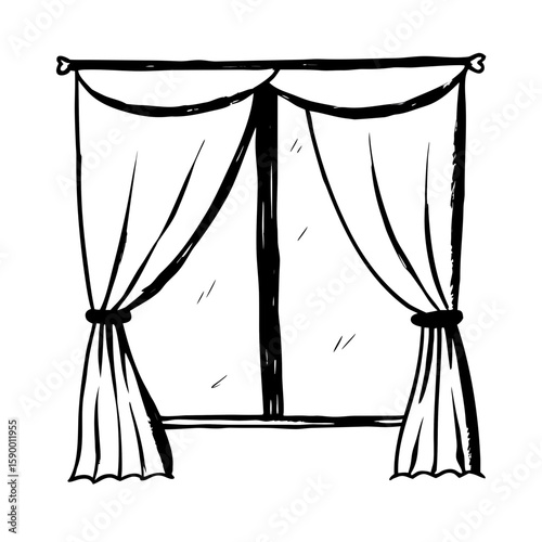 Hand-drawn window with curtains in a simple black and white style  