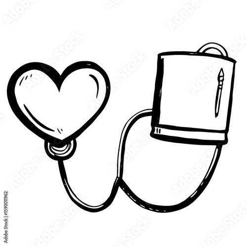 Blood pressure cuff shaped like a heart in simple line art  