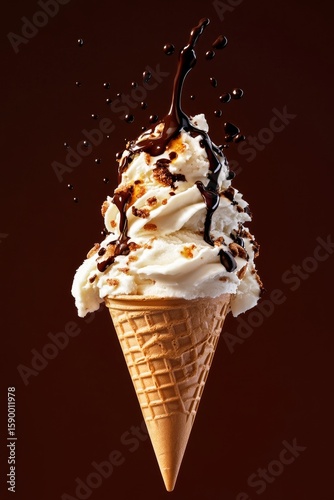 Delicious Ice Cream Cone Topped With Whipped Cream and Chocolate Drizzle Agai...