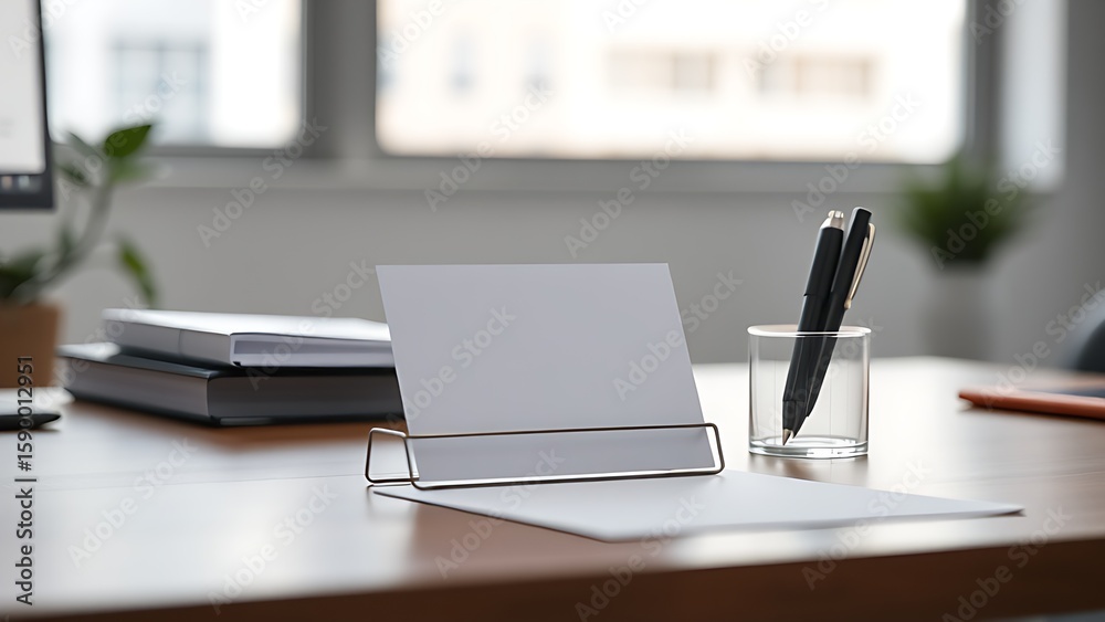 Obraz premium Minimalist office desk with a blank notecard and pen holder, featuring soft overhead lighting.