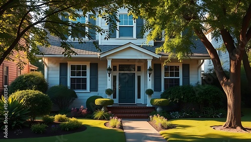 Charming suburban home with a well-kept front garden, basking in the warm glow of afternoon sunlight.