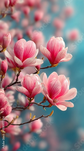 Magnolia Flowers Bloom in Vibrant Colors During Springtime in a Serene Garden...
