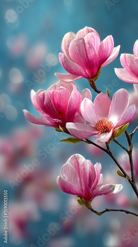 Magnolia Flowers Bloom in Vibrant Colors During Springtime in a Serene Garden...