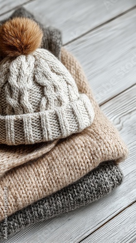 Warm Knitted Hat and Cozy Sweaters Arranged on a Light Wooden Surface During ...