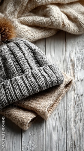 Warm Knitted Hat and Cozy Sweaters Arranged on a Light Wooden Surface During ...