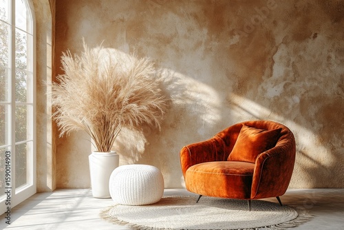 Cozy Orange Armchair With Decorative Plants in Warmly Lit Interior Space