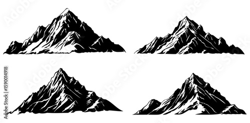 Mountains silhouette hand drawn set isolated background.
