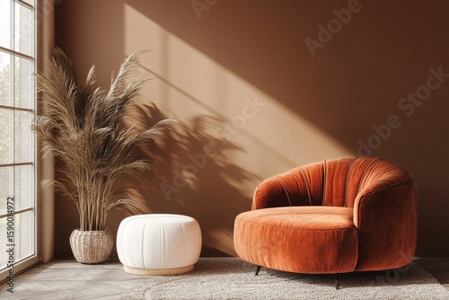 Cozy Orange Armchair With Decorative Plants in Warmly Lit Interior Space.