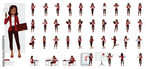 Big Set of businesswoman wear red suit character vector design. People working in office planning, thinking and economic analysis.