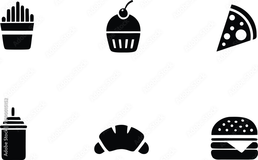 Naklejka premium Collection of simple black icons representing fast food and sweet treats