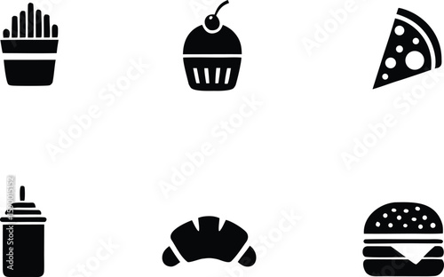 Collection of simple black icons representing fast food and sweet treats