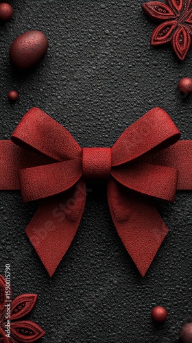 Elegant Red and Black Ribbon Bow Decorates a Gift on a Dark Surface.