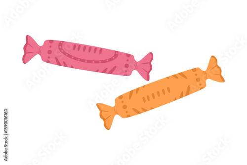 Sweet chocolate candies in wrapper. Sugar snack, delicious dessert in beautiful packaging, long stick shape. Cartoon sweets isolated on white background. Colored flat vector illustration