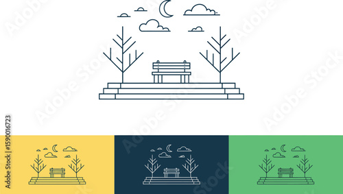 A minimalist line drawing of a park bench at night under a crescent moon and scattered clouds