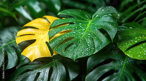   A detailed image of a green leaf with water droplets and a yellow leaf adjacent to it