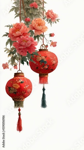 Red Lanterns Decorated With Flowers Hang Beautifully in an Artistic Display f...