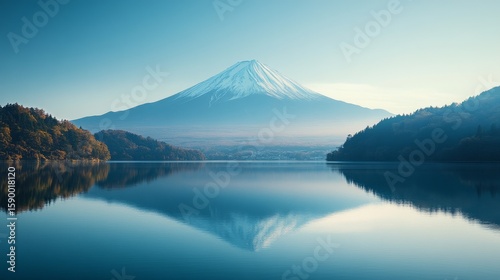 Majestic Mount Fuji Reflecting in Serene Water at Dawn in Japans Natural Beauty