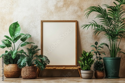 Indoor Greenery Arrangement With a Blank Frame on a Wooden Shelf.