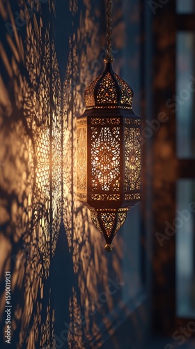 Elegant Lantern Casting Intricate Shadows on Wall in Dimly Lit Room.