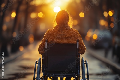 Woman in Wheelchair Enjoying Sunset on a City Street During Evening Hours