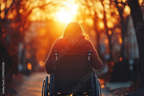 Woman in Wheelchair Enjoying Sunset in a Tranquil Park at Dusk While Surround...