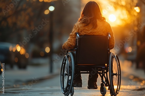 Woman in Wheelchair Enjoying Sunset on a City Street During Evening Hours.