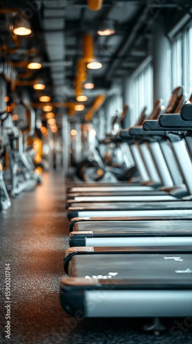 Morning Sunlight Illuminates a Row of Treadmills in a Modern Fitness Gym Duri...