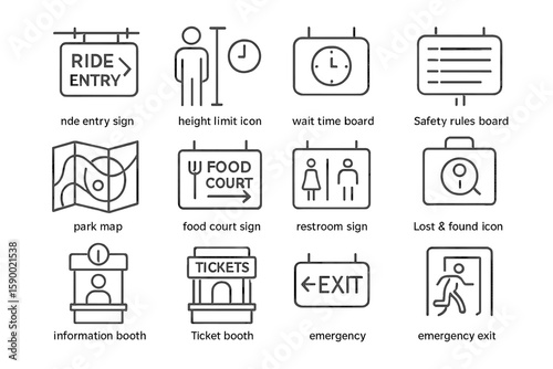 Amusement park sign icons: ride entry, safety, map, food court, restroom