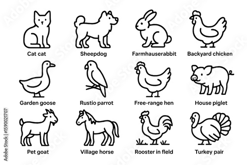 Farm animal icons: dog, rabbit, chicken, goose, parrot, piglet, goat, horse