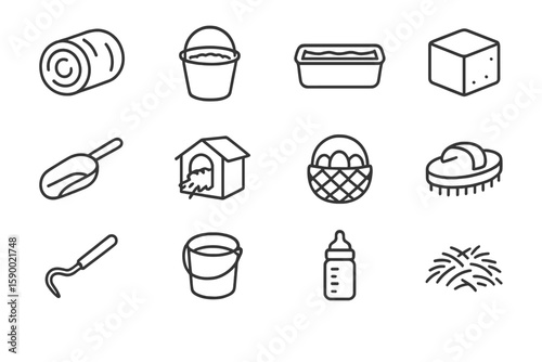 Farm equipment and animal care icons on grey background