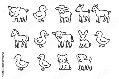 Cute farm animal icons: pig, duck, sheep, goat, horse, rabbit, cat, dog