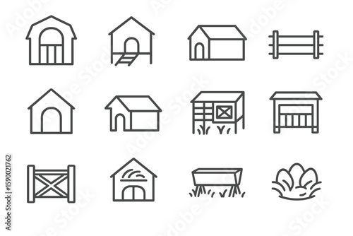 Barn icons collection: farm structures and fencing designs on black background