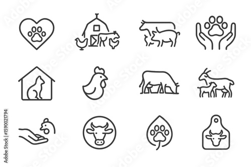 Animal farm icons set featuring paw prints, farm animals, and heart symbols