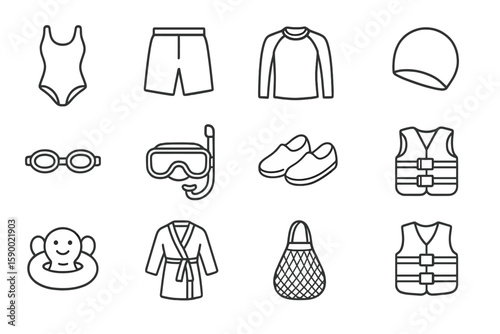 Monochrome swimming gear icons: wetsuit, goggles, flippers, vest, cap