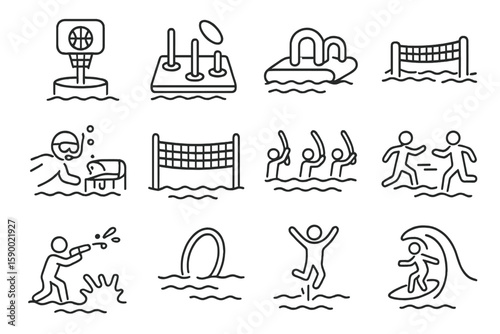 Line icons of water sports activities with pool and beach scenes