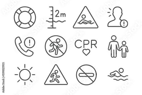 Pool safety icons: drowning prevention, parental guidance, cpr, and warning signs
